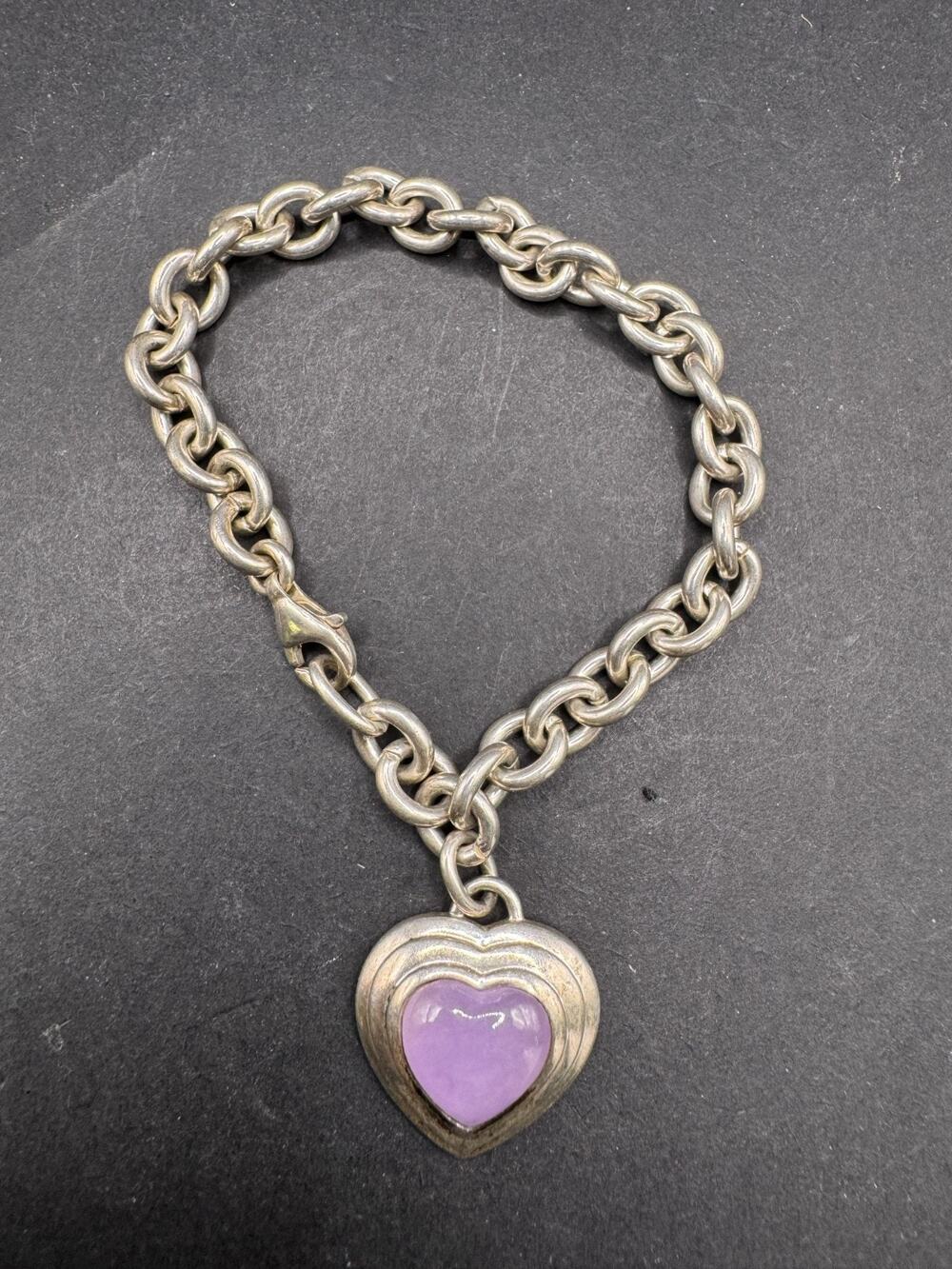 925 Sterling Silver CNA Thailand Purple Jade Heart Charm Rolo Link Bracelet 6.75